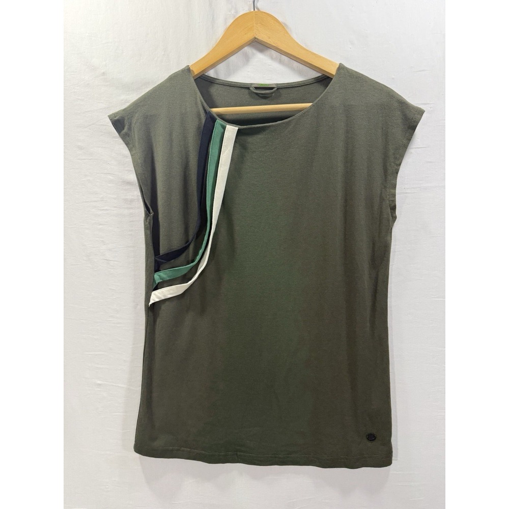 Skunkfunk Cap Sleeveround Neck Army Green Sz 4 Jersey Knit Tee W/colored Stripes
